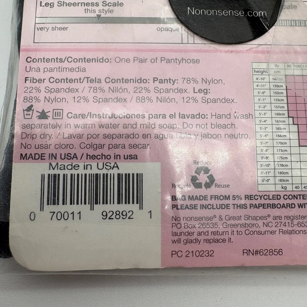 No Nonsense Great Shapes Tummy Flattener Pantyhose Midnight Black CF3 Size C NEW